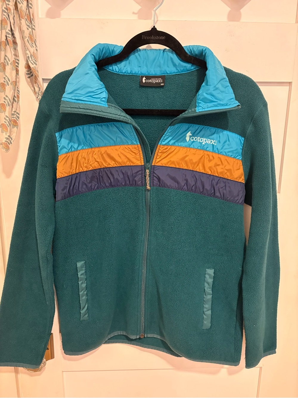 cotopaxi Teal Fleece Jacket with Light Blue, Mustard, and Navy Bands EUC